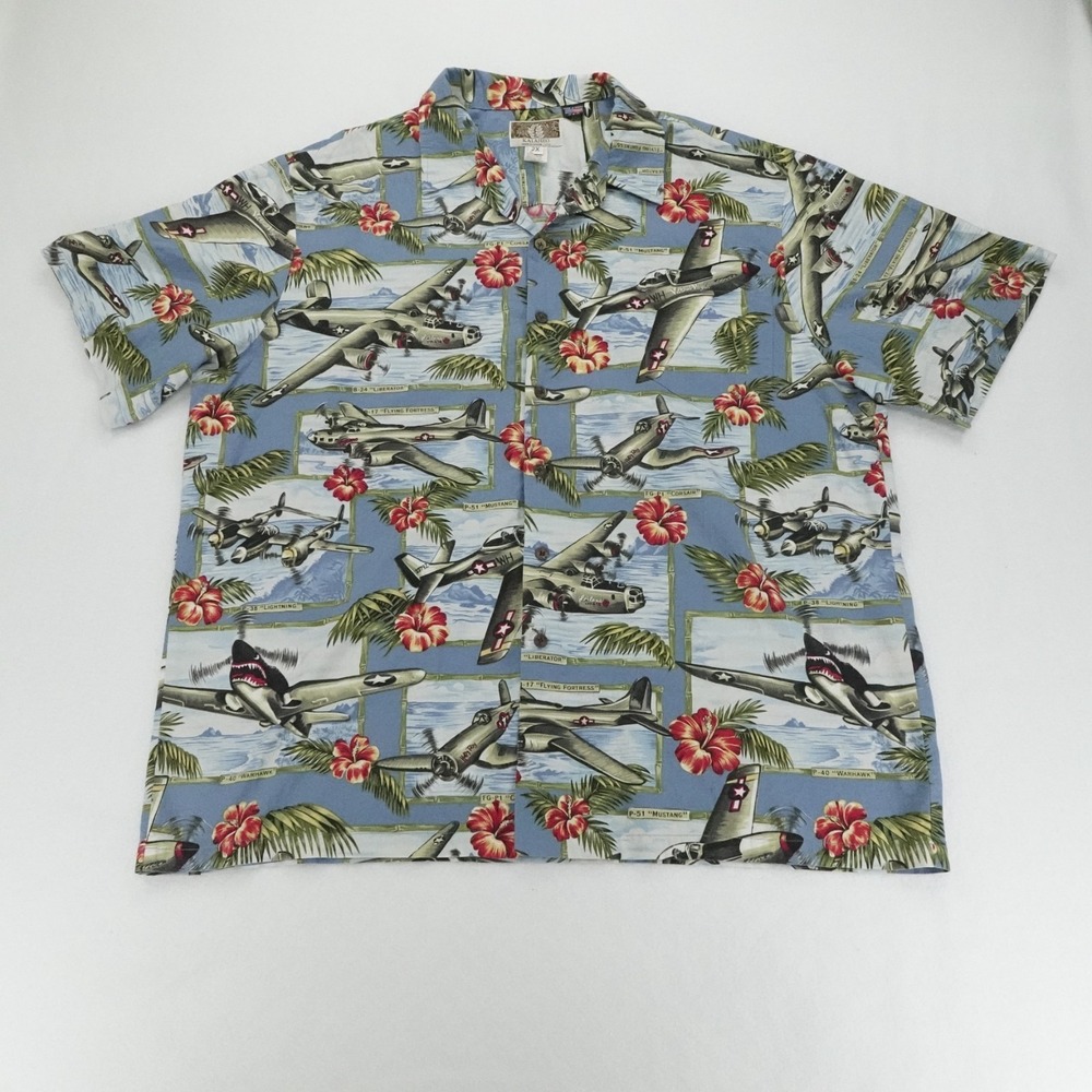 Kalaheo Shirt Mens 2XL Blue WWII Airplane Hawaiian Camp Aloha Resort USA Made